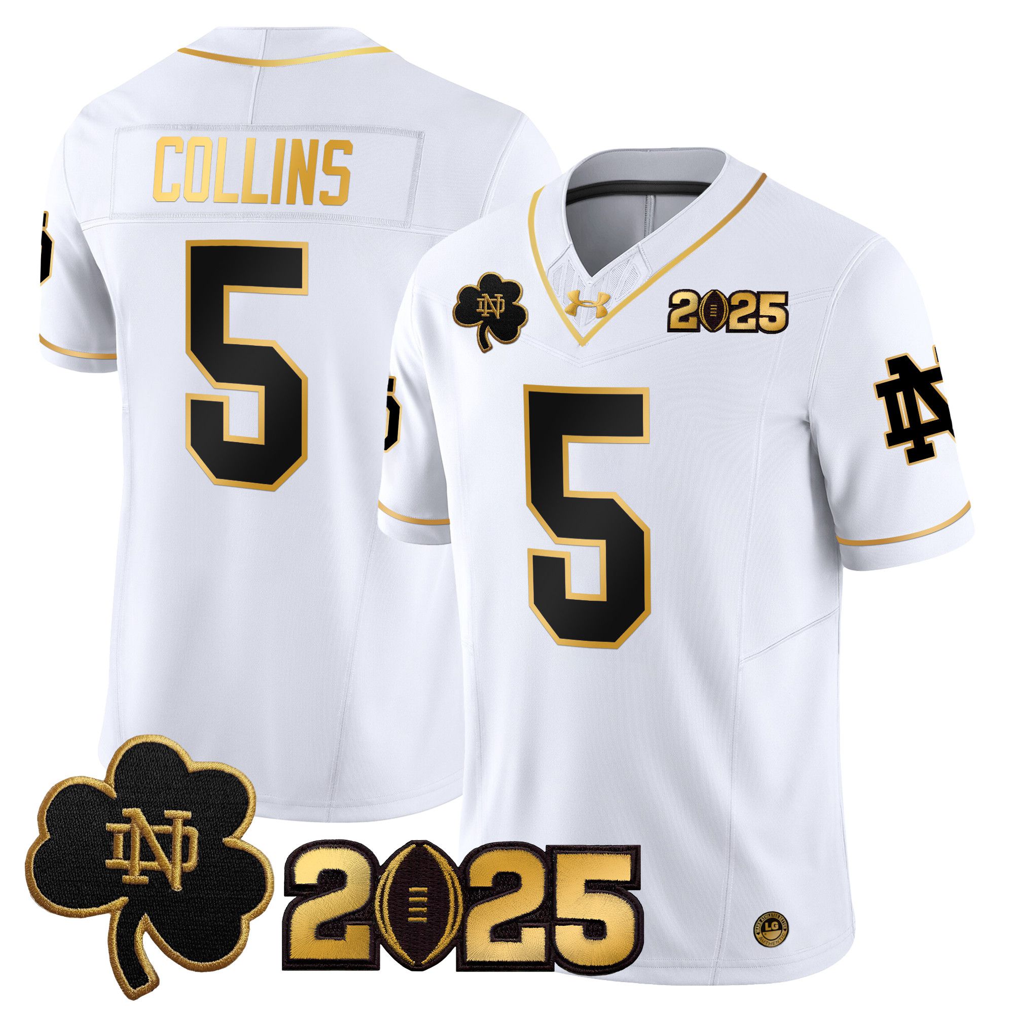 Men Notre Dame Fighting Irish #5 Collins White 2025 CFP Final Patch Gold Vapor Limited NCAA Jersey
